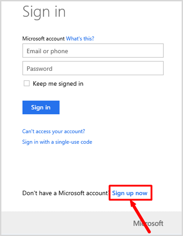 click sign up now for a new microsoft account