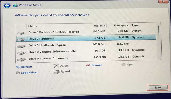 select partition to install