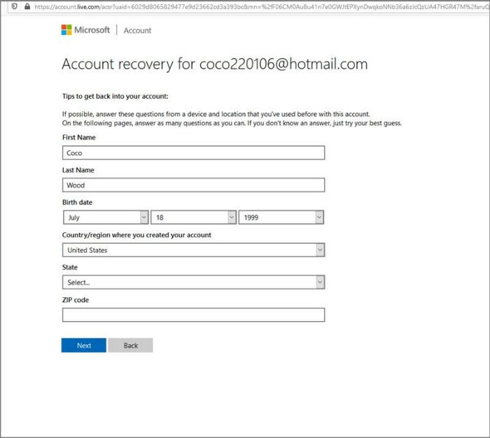 enter info to recover account