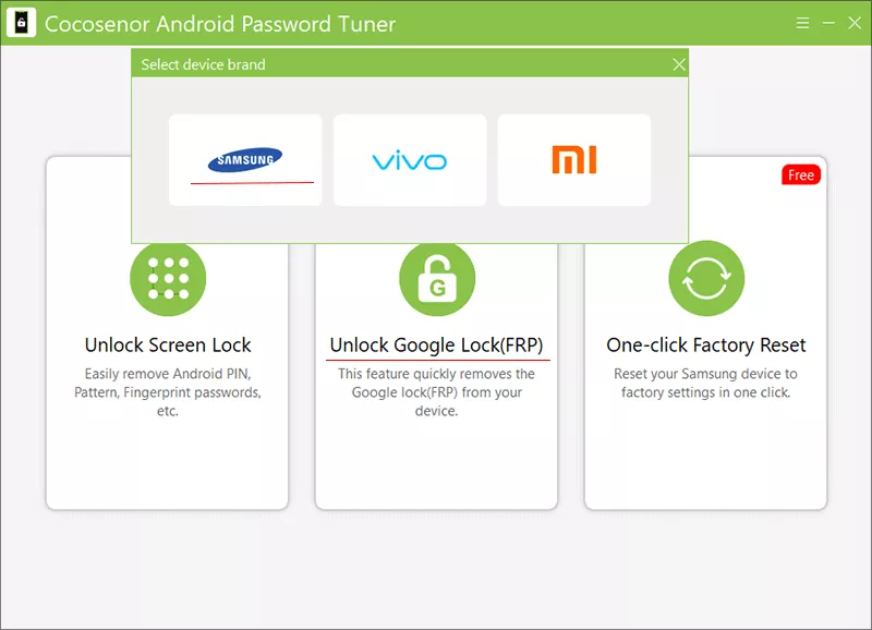 choose Unlock FRP option and Samsung brand