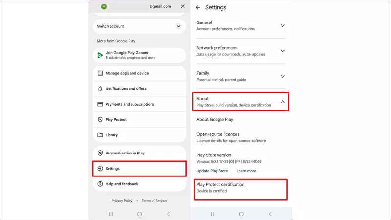 check Play Protect Certification setting