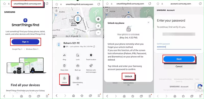 unlock Samsung phone on SmartThings Find website