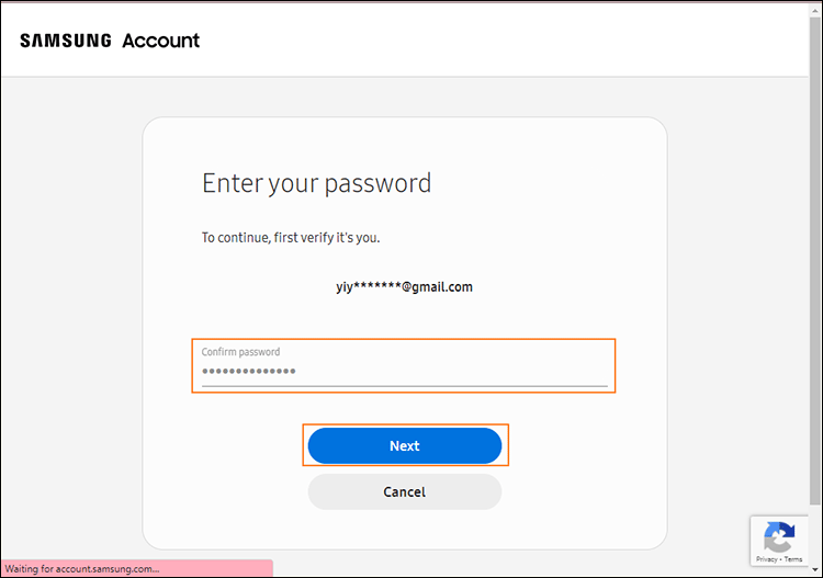 enter samsung account password to confirm