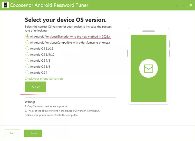 choose Android OS version option