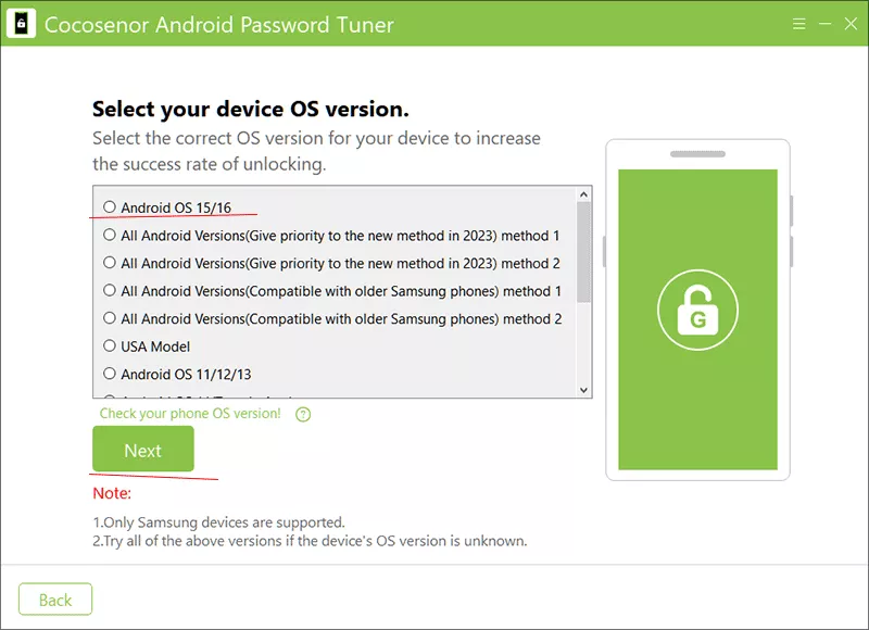 choose Android OS version option