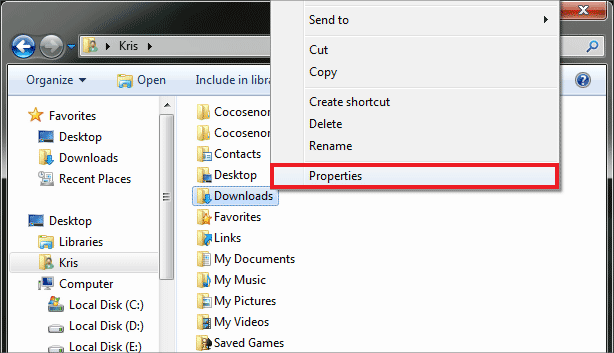properties of downloads folder
