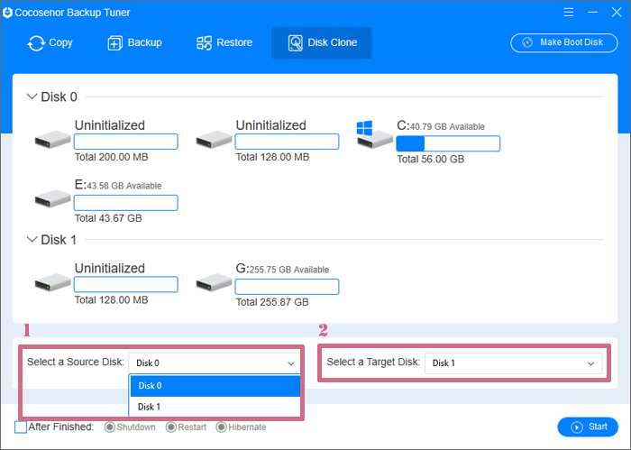 select source disk and target disk