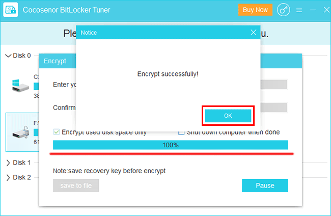 encrypt the drive successfully