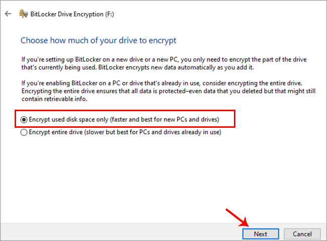 encrypt used disk space only