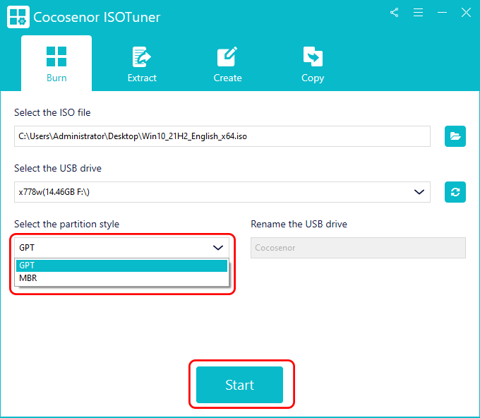 set partition style and click Start button