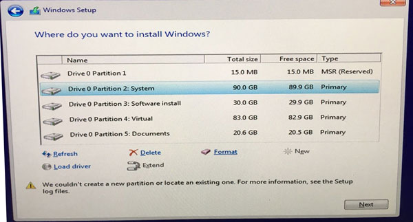 select partition to install windows 10