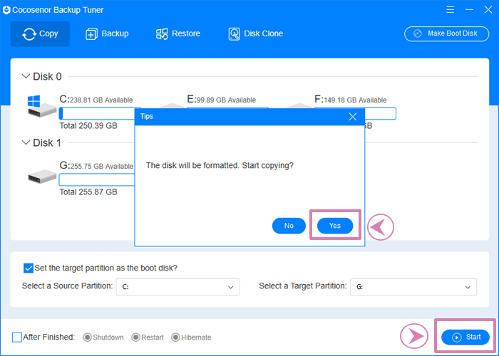 destination target will be formatted