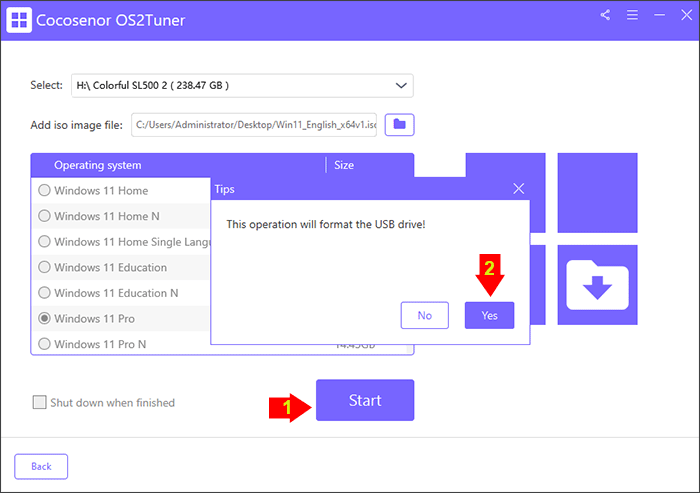 click Start and format USB