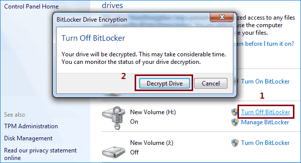 turn off and decrypt BitLocker drive