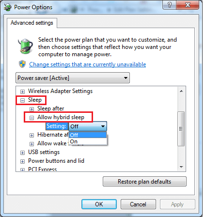 turn off hybrid sleep option