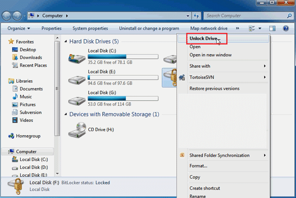 click on unlock drive