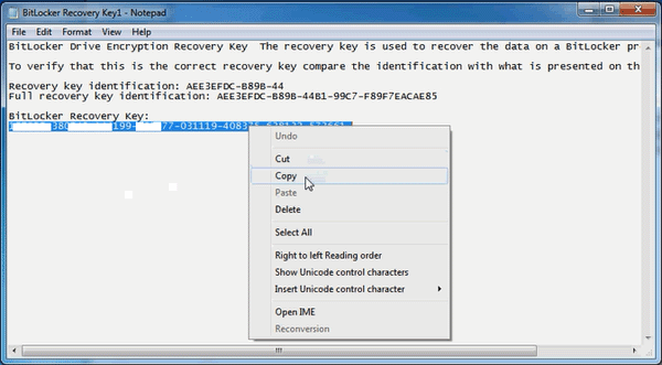 copy the bitlocker recovery key