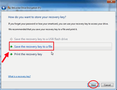 save the bitlocker recovery key to a file