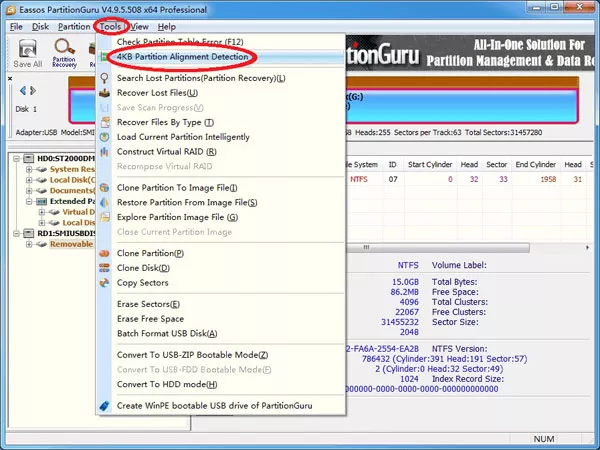 4kb partition alignment detection