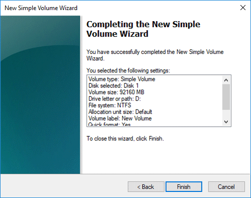 completing new simple volume wizard