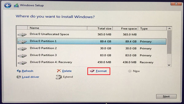 format partition during windows installation