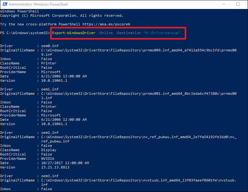 backup device drivers using export command