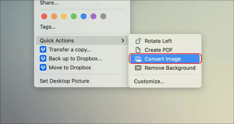 select Convert Image from Quick Action menu