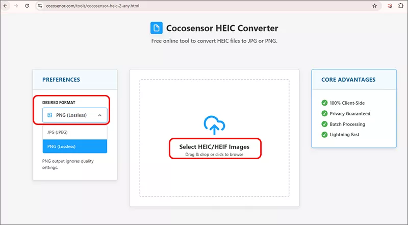 select HEIF and choose PNG as output format