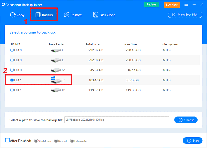 select backup and choose drive