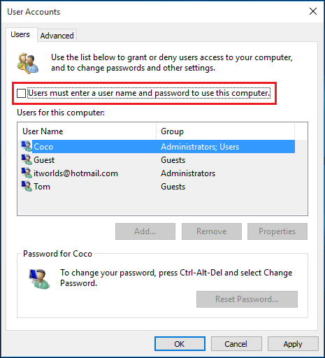 user must enter password on windows 10