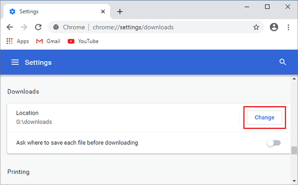 cambiar la ubicación de descarga de Chrome