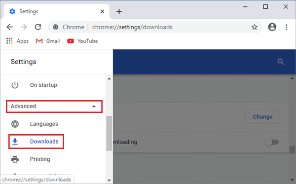 default downloads location in chrome