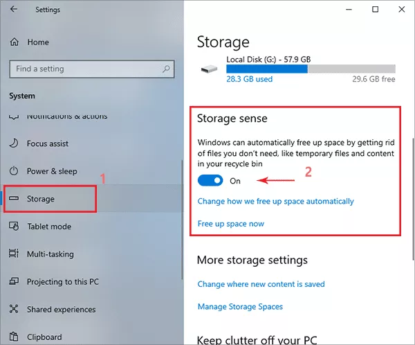 turn on Storage Sense to clean C drive