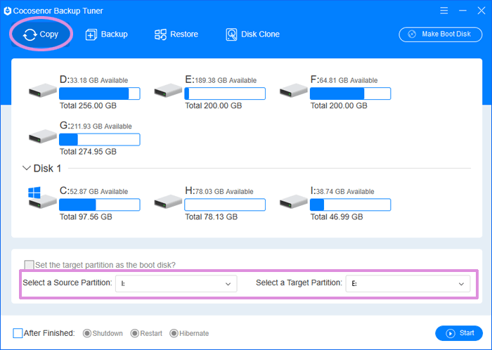 copy partition i to e