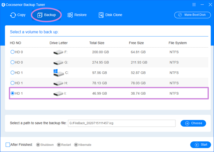 select volume i to backup