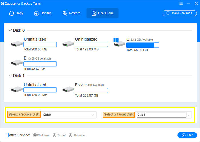 set source disk and target disk