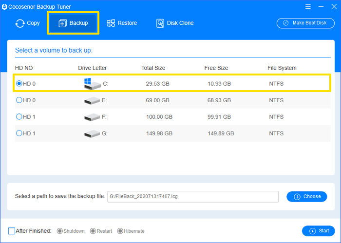 select system drive to back up