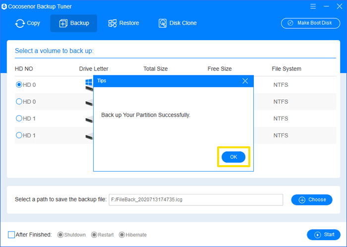 windows os partition backed up successfully