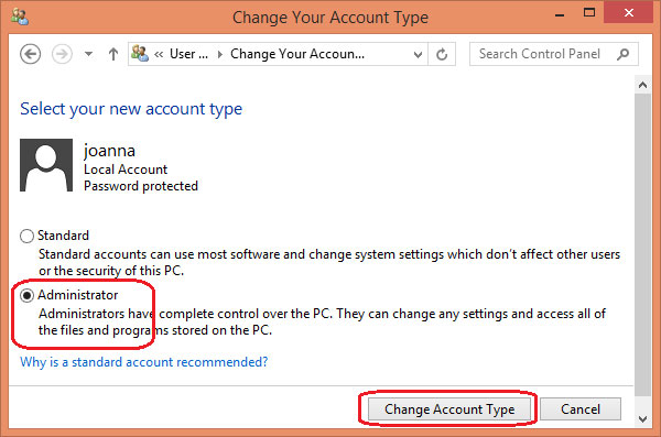 select administrator account type