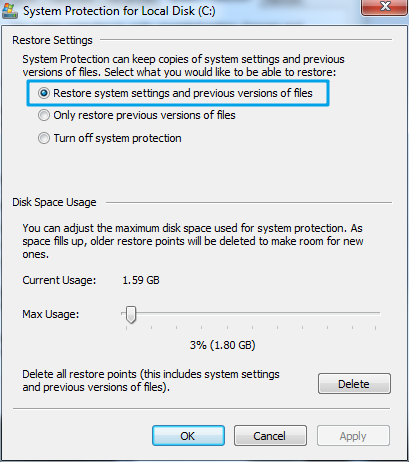 resotre system setting and previous version of files 
