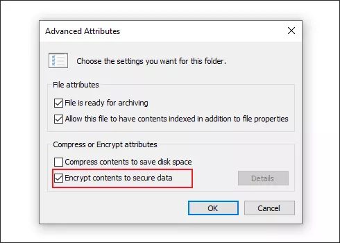 Unselect Encrypt contents to secure data