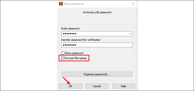 confirm password in winrar