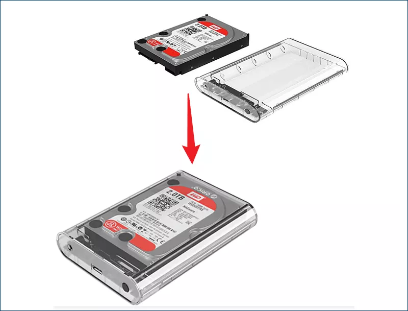 place hard drive to enclosure