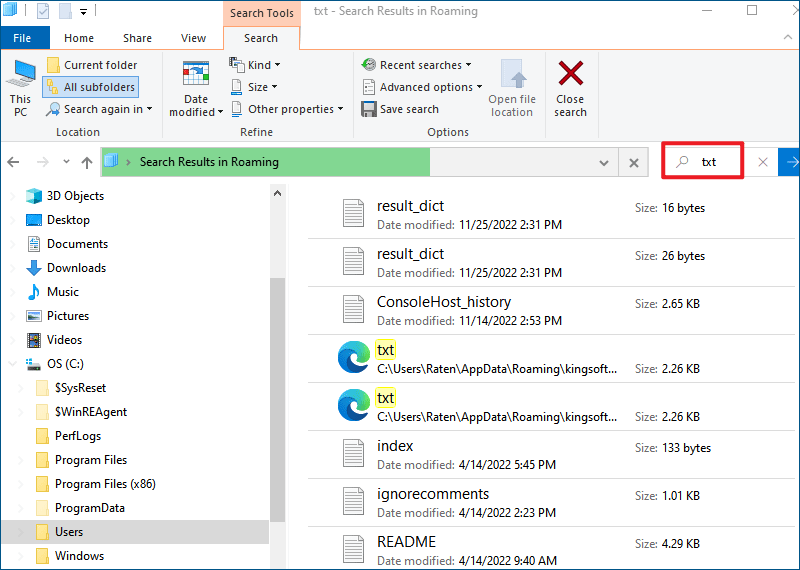  search txt in temporary files
