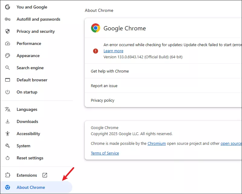 Choose About Chrome