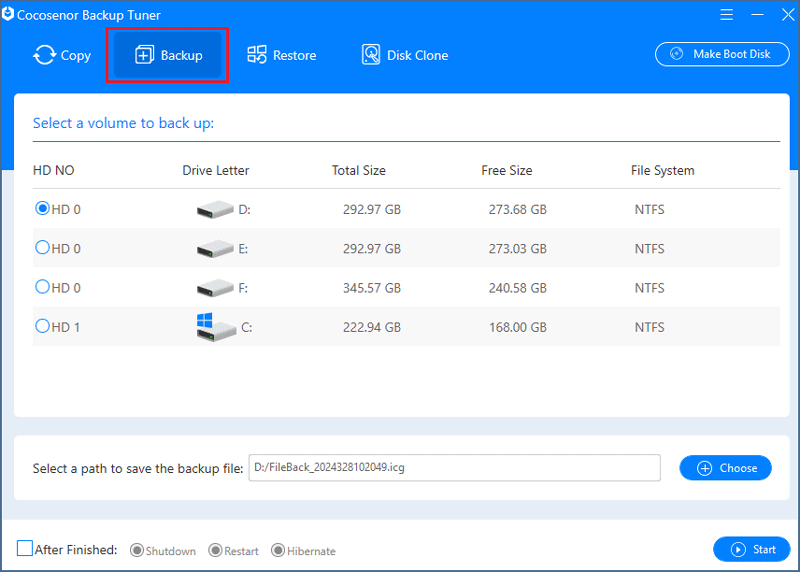 Click the Function of Backup