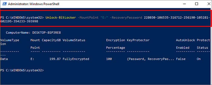 powershell recovery key unlock