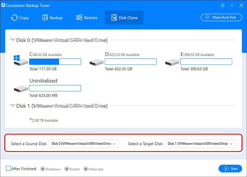 set source disk and target disk