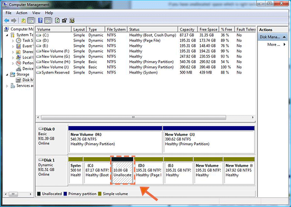 how to allocate unallocated space in windows 10