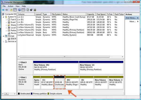  unallocated space behind C drive